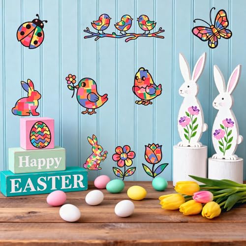 26 Stück Basteln Frühling Ostern Kinder, Fensterbilder Ostern Bastelset DIY für Kinder, Fensterbild Basteln mit Hase, Küken, Schmetterling & Osterei, Oster Geschenk