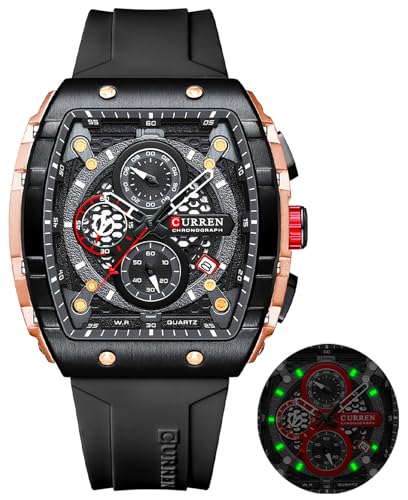 MASTOP Men's Luxury Chronograph Watch Tonneau Waterproof Quartz Anaolog Date Display Silicone Strap Luminous Military Sports Outdoor Black White Watches for Men (Black)