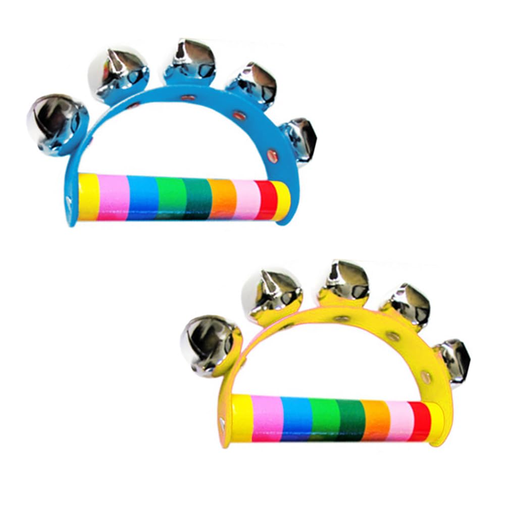 2-Pack Christmas Sleigh Bells Musical Toys Rainbow Jingle Bells Instrument Wooden Hand Bells for Kids Baby Adult Best Holiday Birthday Party Gifts （Yellow and Blue）