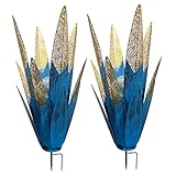 Metal Agave Plants Outdoor Decor, 2-Pack Solar Garden Lights with Unique Cut-Out Design, LED Light for Patio Lawn Yard Art Decoration, Blue Metal Plants