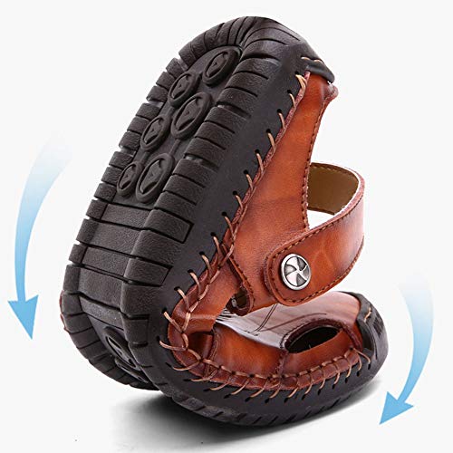 YING LAN Men's Casual Leather Fashion Sandals Closed Toe Outdoor Fisherman Hiking Shoes Lightweight Summer Water Shoes Red-Brown - Thumbnail 4