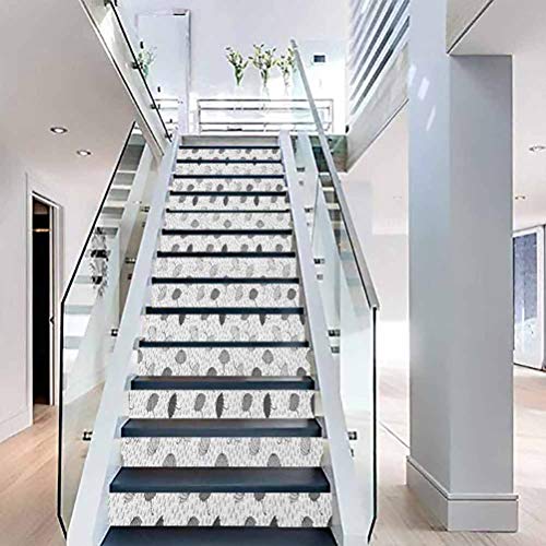 Stair Riser 3D Decals Self-Adhesive Stair Murals, Abstract Umbrellas Pattern in Rain Greyscale Illustration o, for Stair Riser Decals Home Decor, W39.3 x H7.08 Inch x13PCS