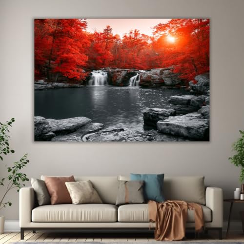 Cuadros decorativos de salón con diseño de bosque rojo y cascada en lienzo de 40x60cm 3
