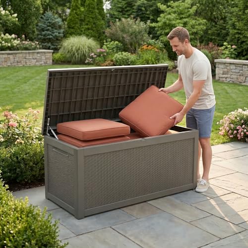 Image of 318 Gallon Large Resin Deck Box - Waterproof Outdoor Storage Chest for Patio Cushions, Garden Tools & Pool Supplies, UV-Resistant All-Weather Construction, Lockable Lid & Hydraulic Rods, Easy Assembly