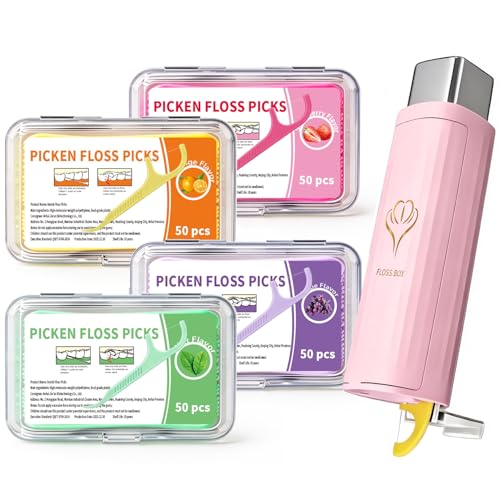 200ct Flavored Floss Picks with Portable Dental Floss Case - Dental Floss Picks for Teeth with Fun Fruit Flavors - Strawberry, Grape, Grapefruit, Mint - Shred-Resistant Teeth Cleaning Picks for Travel