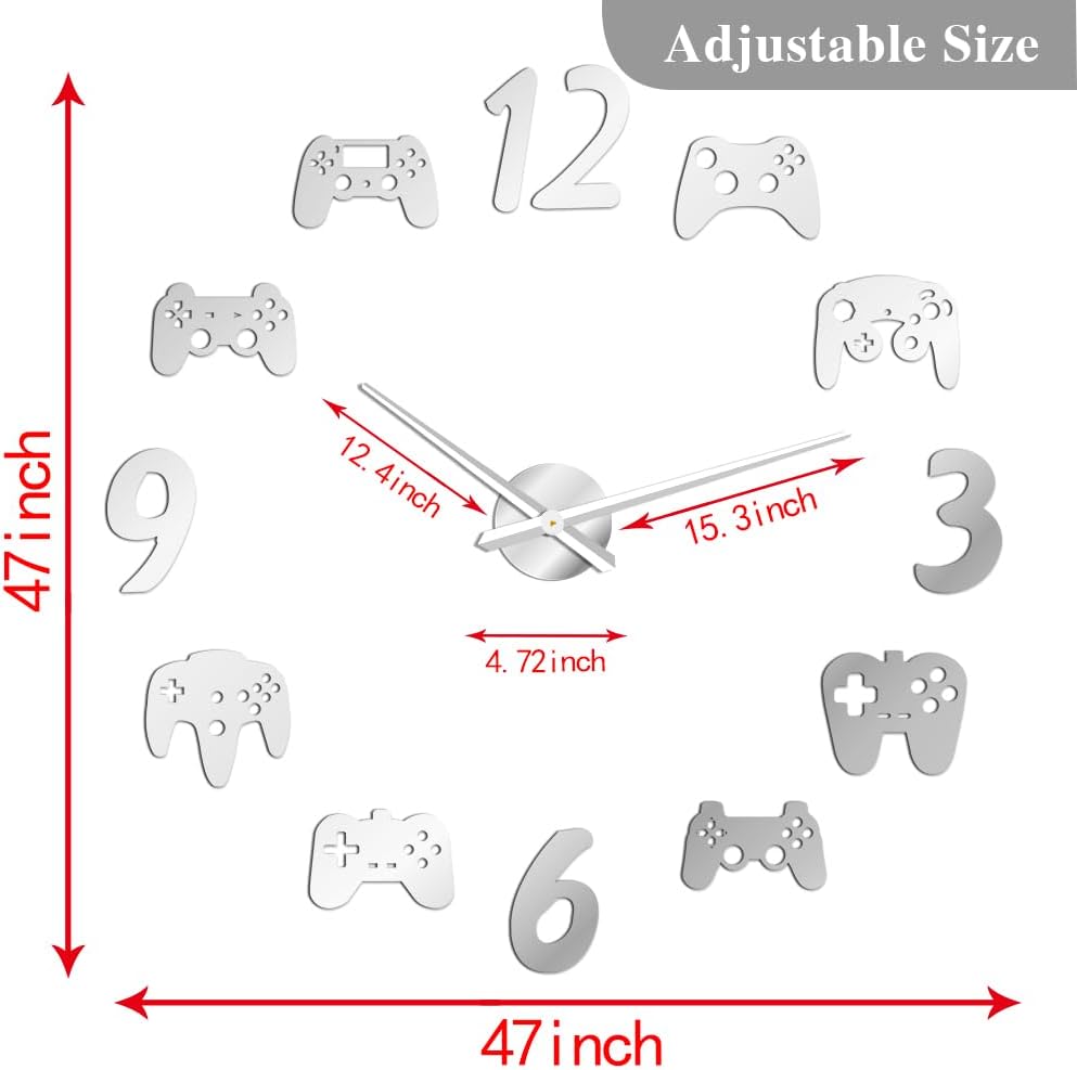 The Geeky Days Video Game Controllers DIY Large Wall Clock Game Room Decor Modern Design Freamless Giant Gamer Wall Clock Game Boys Room Wall Watch (Silver)