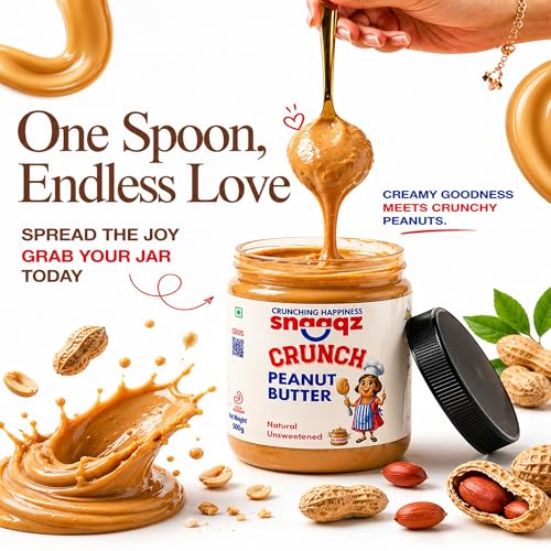 Image of SNAAQZ All Natural Peanut Butter Crunchy (Pack of 2 x 500g) - 1kg Value Combo | 30g Protein, 100% Roasted Peanuts | Unsweetened, No Palm Oil, Sugar-Free Vegan Nut Butter