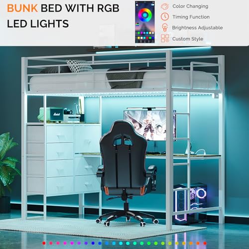 Image of VINGLI Twin Gaming Loft Bed Frame with Desk and Dresser, Metal Single High Sleeper with RGB LED Lights, 2 Built-in Power Outlets, 15 inch Extra-High Guardrails, Space-Saving Design,White