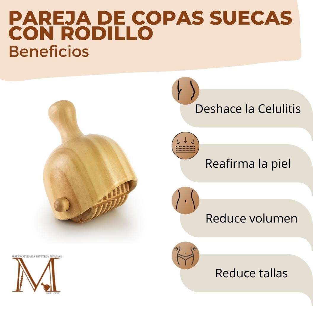 Pareja Copas Suecas Con Rodillo Maderoterapia | Copas Suecas Rodillo | Maderoterapia | Fabricada en madera de pino y loto | Diseñada por Maderoterapia Estética España