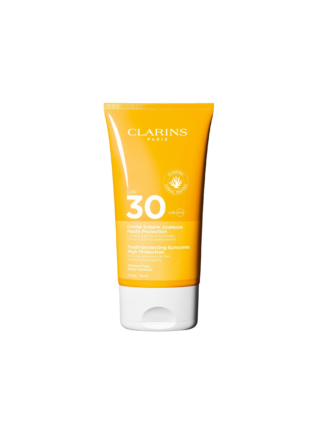 Clarins Protector solar de protección juvenil para el cuerpo SPF30 de alta protección, 150 ml