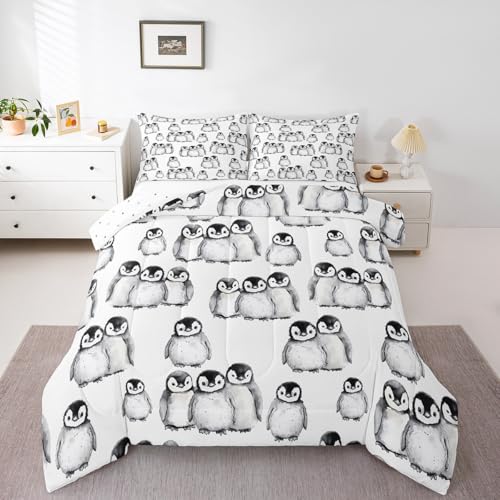 Erosebridal Penguin Comforter Set Twin Size for Kids Boys Girls Antarctic Animal Bedding Set Penguin Illustration Down Comforter Grey White and Black Cartoon Quilted Comforter with 1 Pillow Case