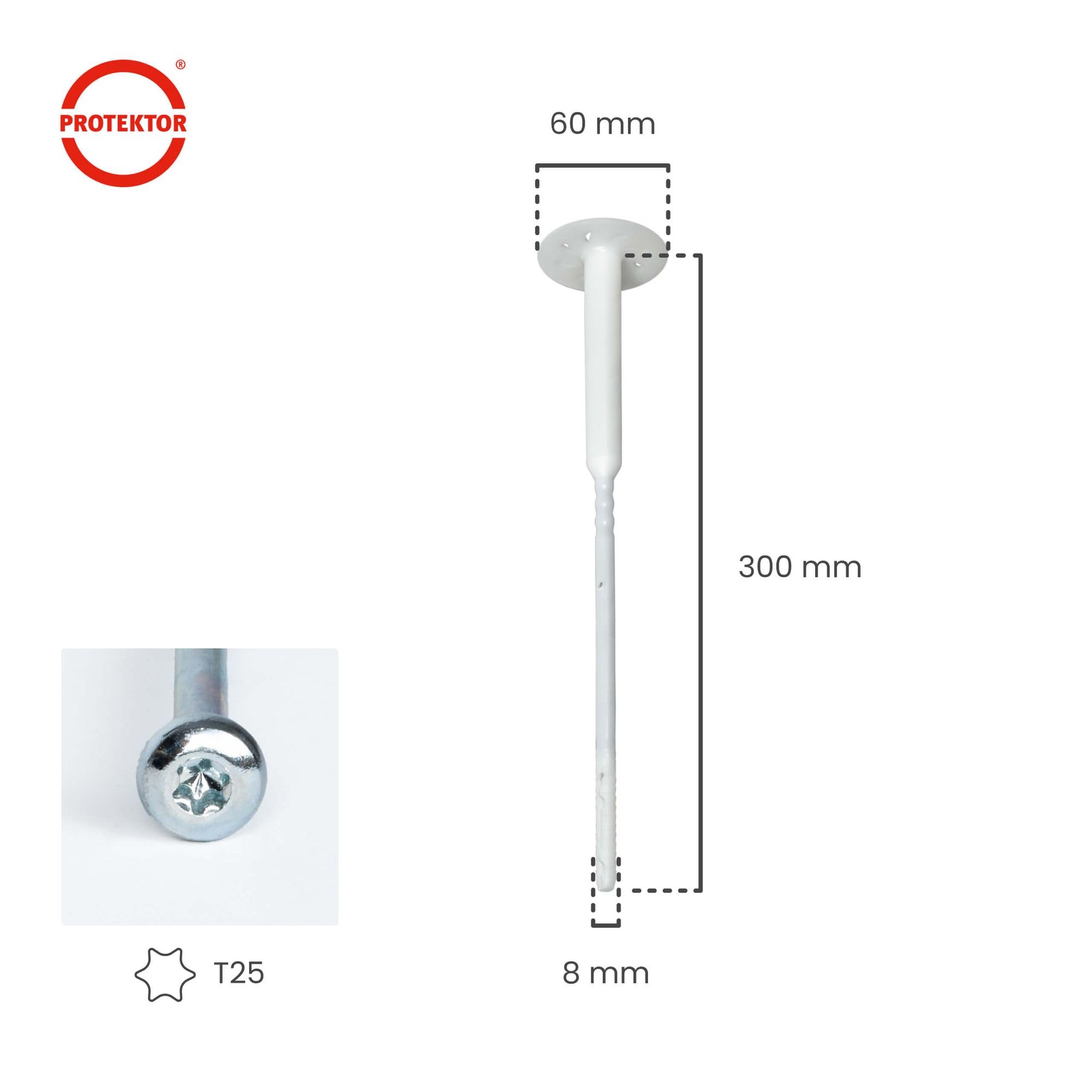 PROTEKTOR 100x Dämmstoff-Schraubdübel Ø8x300mm mit verzinkter Stahlschraube, WDVS Dübel, Dämmstoffdübel zur Fassaden Dämmung, Langschaftdübel bei Wärmedämmung