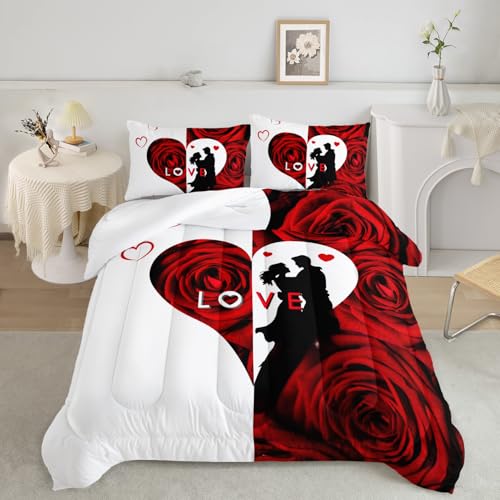 Image of AILONEN Red and White Comforter Set Queen Size,Red Rose Flower Love Couple Bedding Set Decor,Romance Heart His Hers Themed Women Men Quilt with 2 Pillowcases,3-Piece