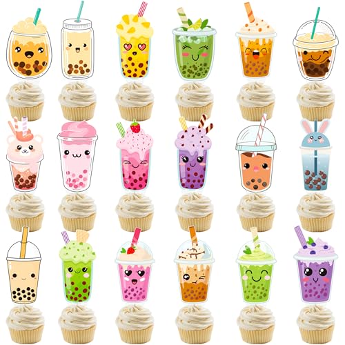 48Pcs Bubble Tea Cupcake Toppers Boba Tea Themed Birthday Party Decorations Bubble Milk Tea Cake Cupcake Topper Decorations for Pearl Milk Tea Theme Birthday Baby Shower Supplies