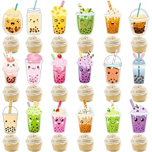 Bubble Tea Cupcake Toppers 48Pcs – Boba Themed Birthday Party Decorations, Milk Tea Cake Topper for Pearl Milk Theme Baby Shower Party Supplies
