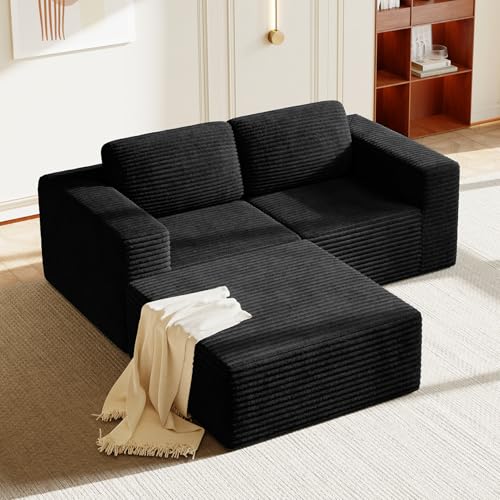 Image of Vesgantti 80 inch Modular Sectional Sofa, Corduroy Cloud Couch with Deep Seats & Spring Support, Compact 2 Seater Boneless Couch, L-Shaped Modular Sofa for Small Spaces, Apartments, No Assembly, Black