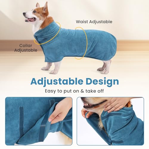 PETTOM Hundebademantel Mikrofaser Schnelltrockend, Bademantel Hund Baumwolle Super Saugfähig, Bademantel für Große Mittelgroße und Kleine Hunde (L, Blau)