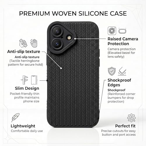 Image of amazon basics Luxury 3D Knitted Texture Soft Silicone Back Cover for iPhone 17 | Slim Fit Shockproof Case with Camera Protection & Non-Slip Grip - Black