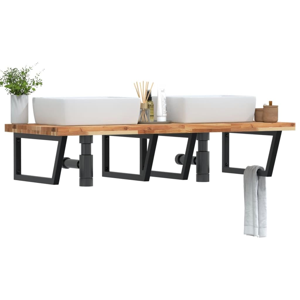 Étagère de lavabo en bois d'acacia et acier noir 140x60 cm suspendue stabilisée