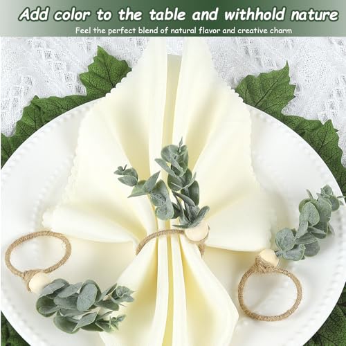Pack of 6 Wooden Napkin Rings - Boho Napkin Ring with Green Leaves & Wooden Beads - Rustic Napkin Rings for Christmas, Weddings, Easter & Farmhouse Style Table Decoration — view 6