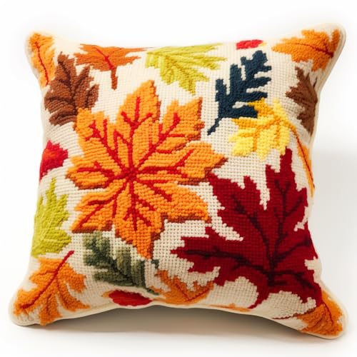 Image of Autumn Maple Leaves Latch Hook Pillow Kit for Adults Throw Pillow Cover with Printed Canvas DIY Hook Crochet Yarn Needle Craft Easy Handmade Cushion for Home Sofa Decoration 43x43cm(8)