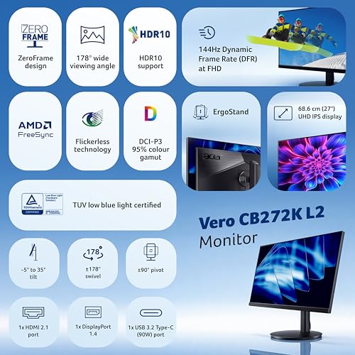 Image of acer Vero CB272K L2 27 Inch 4K UHD (3840x2160) IPS Monitor | USB-C 90W PD | HDMI /DP | HDR10 | 95% DCI-P3 | ErgoStand Tilt /Swivel /Pivot /Height | FreeSync | PIP /PBP | TUV Eye Care | DFR I Speakers