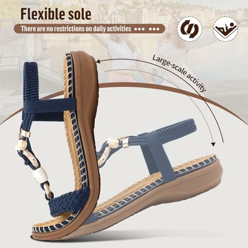 Image of Littleplum Women Sandals Arch Support Handmade Bohemian Braided Flat Sandals Comfort Walking Beach Ankle Elastic Summer Shoes