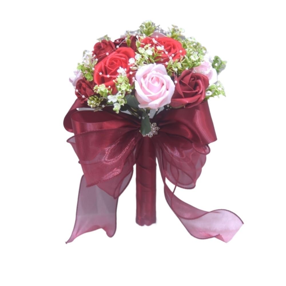 HUFFA Elegant Cream-Colored Artificial Wedding and Engagement Flowers Bridal Bouquet(Winered)