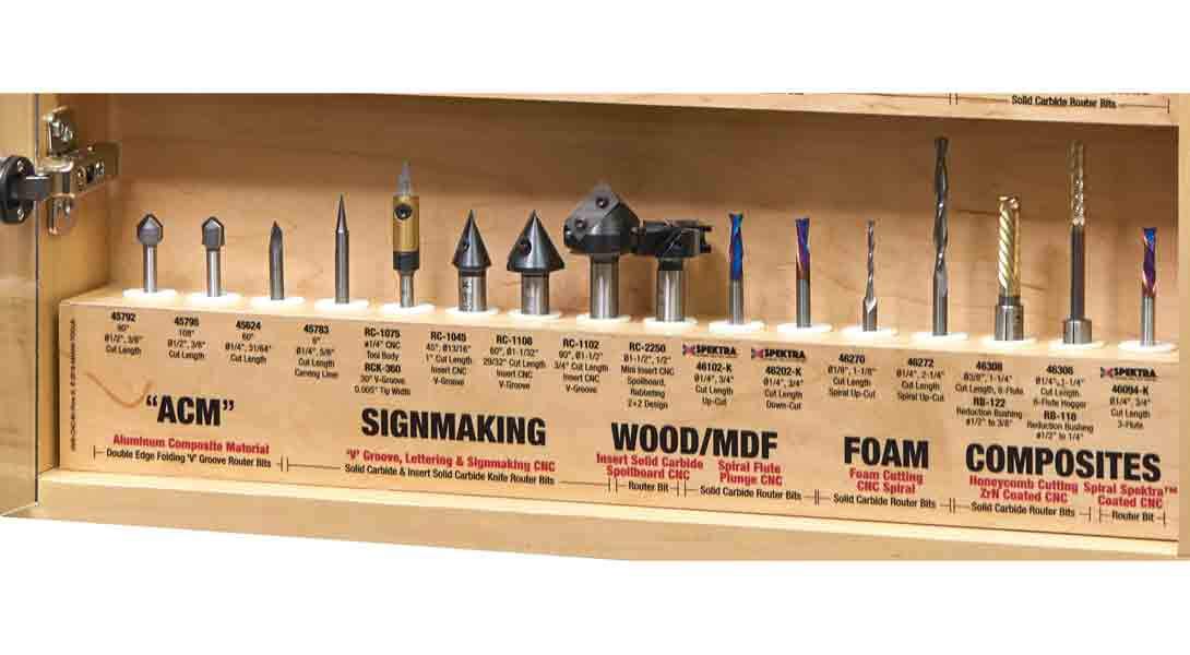 Amana Tool AMS-CNC-60 CNC Master Router Bit Collection Includes 57 SKUs and LED Illuminated Mirrored Interior and Solid Wood Display
