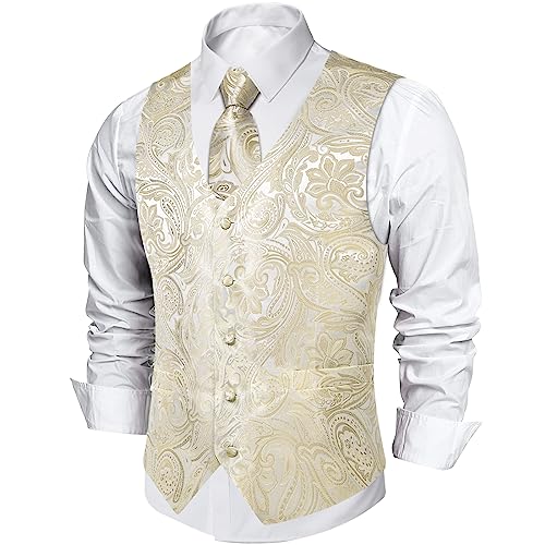 Image of DiBanGu Mens Paisley Vest Silk Sleeveless Suit Vest and Neck Tie Pocket Square Cufflinks Set for Wedding Formal