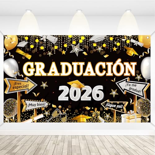Dpkow Español Pancartas De Graduación 2026 Decoraciones, Grande Oro Negro Plateado Felicidades Graduado Pancarta 2026 Graduación Fondo Decoraciones Interiores Y Exteriores, Tela, 180 110 Cm