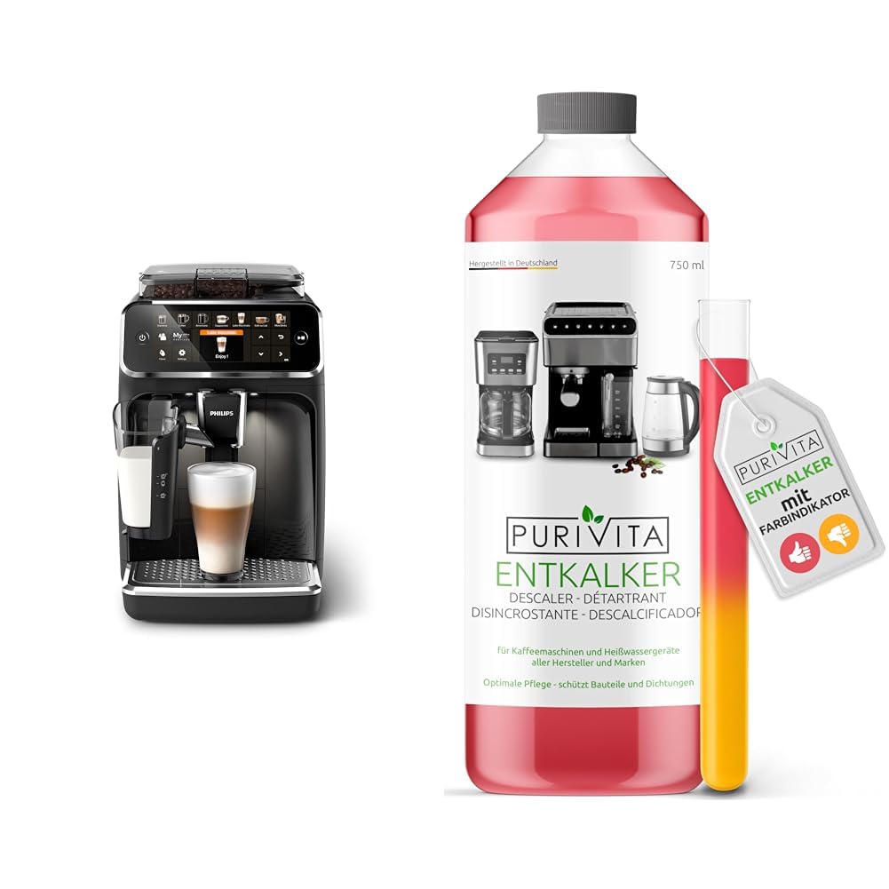 Philips Series 5400 Kaffeevollautomat – LatteGo Milchsystem & Purivita - Universal Entkalker 750 ml für Kaffeevollautomaten - Für alle bekannten Marken geeignet, 1 Flasche