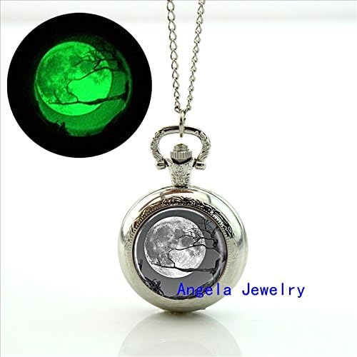 Pretty Lee Fashion Glowing Pendant Tree under a Moon Locket Necklace Full Moon Pocket Watch Necklace