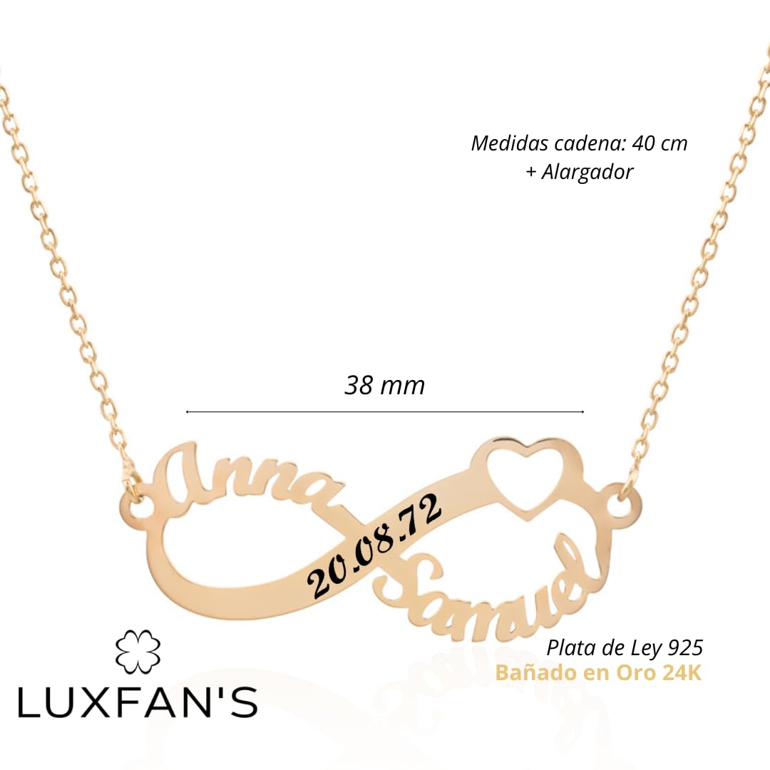 Collar Infinito Personalizado en Plata de Ley 925 con Corazón Fecha y Nombres con cadena Rolo de 40 cm + Alargador. Regalo de San Valentín, Día de los Enamorados. Hecho en España (Plata Bañada Oro)