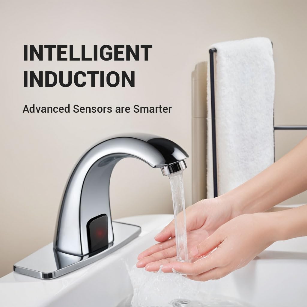 Grifo de baño sin contacto con sensor de movimiento automático, con placa de cubierta de agujero y mezclador de temperatura, grifo inteligente activado por movimiento, grifo comercial, fregadero