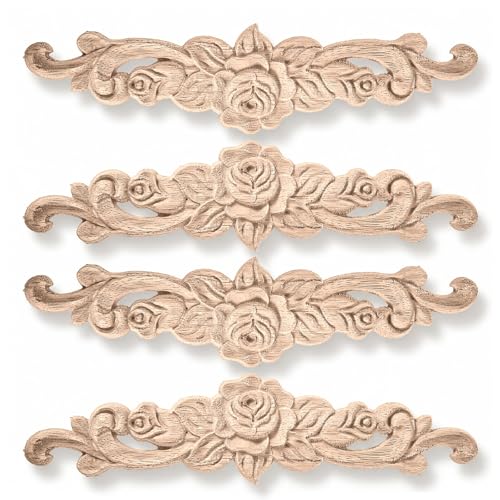 4 Stück Holzornamente für Möbel, Vintage Holz Ornamente Zierleisten, Holzschnitzerei Applique, für Möbel Bett Tür Fensterdekoration DIY Handgemacht