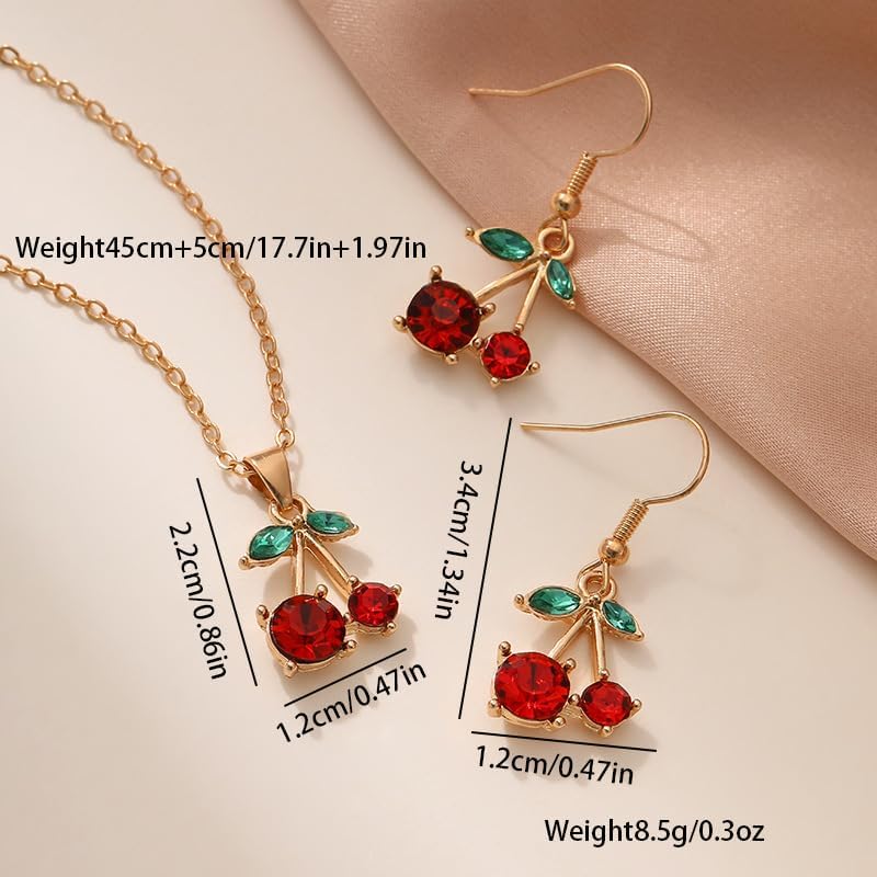Red Crystal Cherry Earring Pendant Necklace Jewelry Set Creative Cute Summer Tropical Fruit Basket Choker Sweet Shining Green Leaf Ruby Red Cherry Hoop Earrings Jewelry for Women - Image 5