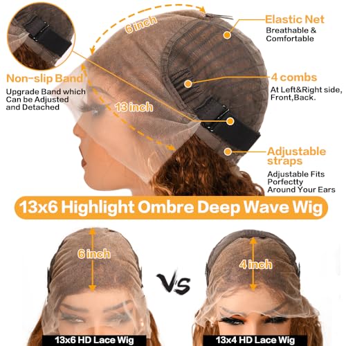 Image of 28inch Highlight Ombre Lace Front Wig Human Hair 13x6 HD Honey Blonde 4 /27 Deep Wave Lace Frontal Wigs Glueless Wigs Human Hair