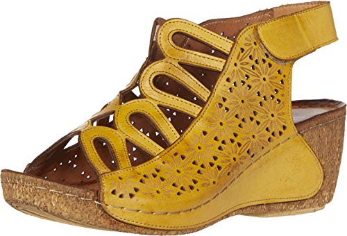 Image of Spring Step Inocencia Women's Leather Wedge Sandals | Low Heel Sandals for Women with Floral Laser Cut Design, Hook and Loop Strap, Mediterranean Style