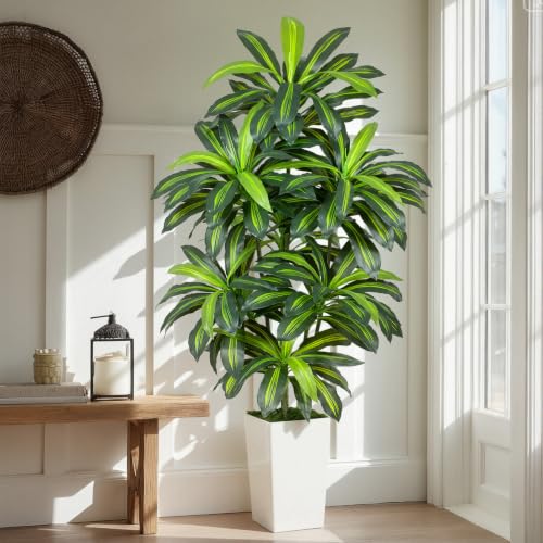 Image of 7FT Artificial Dracaena Tree - High-Density Foliage Fake Plant with White Tall Planter - Faux Yucca Floor Plant for Home Office Decor Indoor