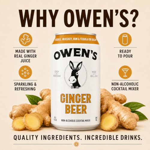 Image of Owen's Premium Non-Alcoholic Sparkling Cocktail and Mocktail Mixer, Drink Mixer for Cocktails, Mocktails, and Party Beverage, 4 Pack of 8.2 fl oz Cans (Ginger Beer)