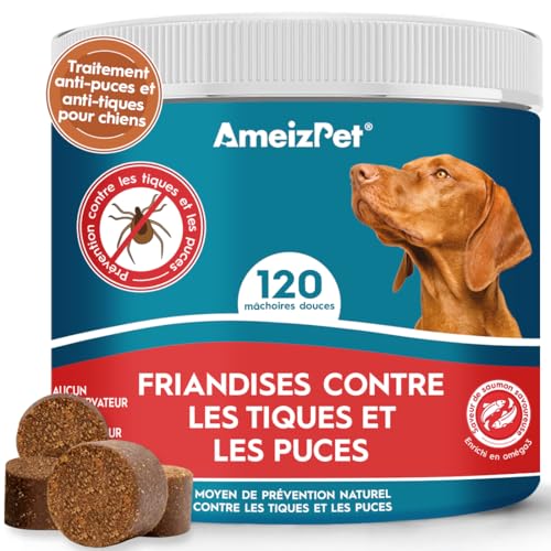 AmeizPet Cachet Chien Anti Puces Et Tiques Comprimés, Anti-Puces Chien Anti-Tique Prévention des Puces pour Chiots Et Chiens Adultes, Enzymes Digestives, 120...