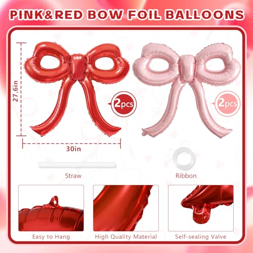 Image of 4 Pcs Red and Pink Bow Balloons Bow Party Decorations for Girl Women Pink Bow Birthday Decorations for Baby Shower Engagement Wedding Christmas Decor Bachelorette Party Supplies