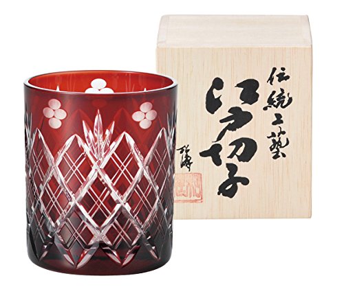Edo Kiriko 223527 Glass Rock Glass, 8.5 fl oz (250 ml), Red, Small Flower Sword and Arrow Crest (Comes in a Wooden Box), Made in Japan