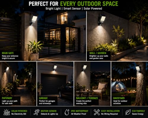 Image of SENTI 180W 10000LM Premium Solar Motion Sensor Wall Light | Outdoor Waterproof LED Light | Auto On /Off | IP65 Wireless Security Light for Garden, Gate, Balcony, Terrace & Pathway