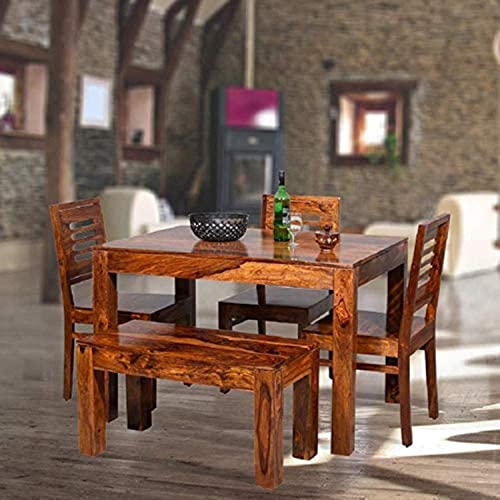 Image of Sheesham Wood 4 Seater Dining Table with 3 Chairs and 1 Bench for Living Room Home Office Dining Room Square Dinner Table - (Honey Finish) | 1 Year Warranty