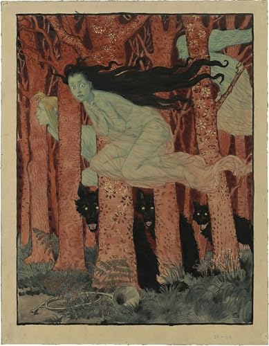 Impression d'art Eugène Grasset haut de gamme - Tableau mural trois femmes et loups 60x90