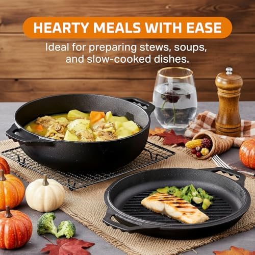 Bruntmor 2-in-1 Pre-Seasoned Cast Iron Dutch Oven with Grill Lid, 3.3 Quart - Cocotte Dutch Oven Pot and Braiser Pan with Lid and Dual Handles - Oven-Safe, Gumbo Pot for BBQ, Frying, Camping, Black - Thumbnail 5