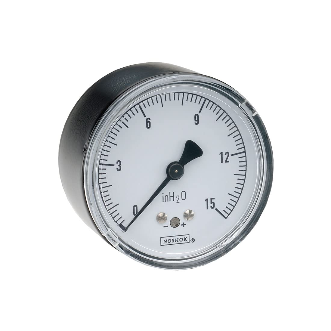 Pressure Gauge, 2.5" Black Steel Case, Copper Alloy Internals, 15 inH2O, 1/4 NPT Back Conn
