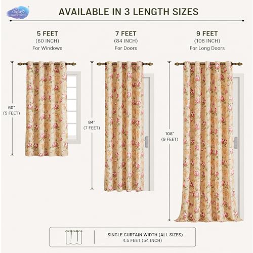 Image of Clasiko Block Print Sheer Window Curtains; 40% Light Filtering Linen Textured Curtains with Eyelets; Set of 2; 54x60 Inches / 5 Feet; Amber Bloom